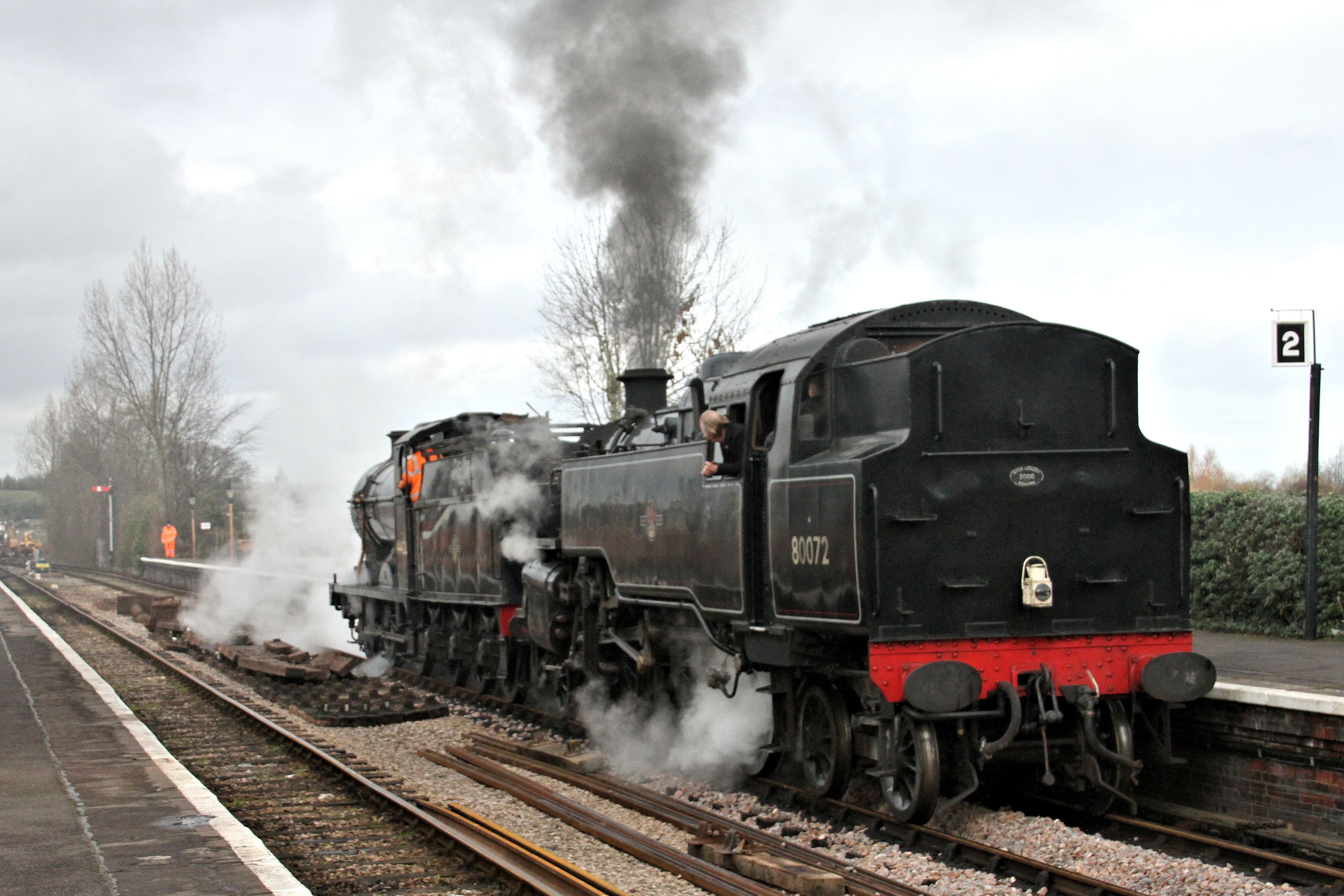 Visiting BR Standard Class 4 2-6-4T No.80072 on the up line through Williton with S&D 7F on 19 February 2016 © Beverley-Zehetmeier