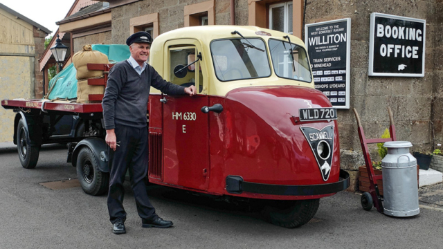 2019.10.03. 1954 3-Ton Scammell Scarab delivery lorry in British Railways livery on display at Williton Station with owner Chris Pratt.  © Beverley-Zehetmeier